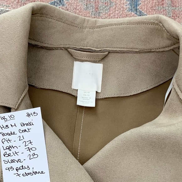 #13 Vintage H&M Tan Faux Suede Khaki Belted Short Open Trench Coat Jacket 10 - Picture 5 of 5